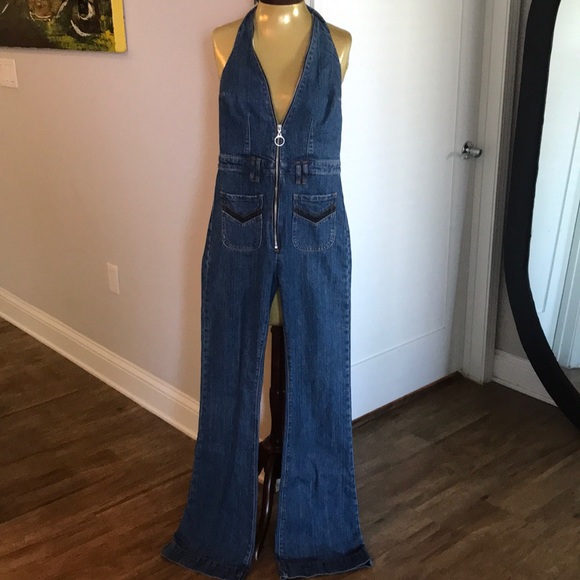 denim zip up jumpsuit